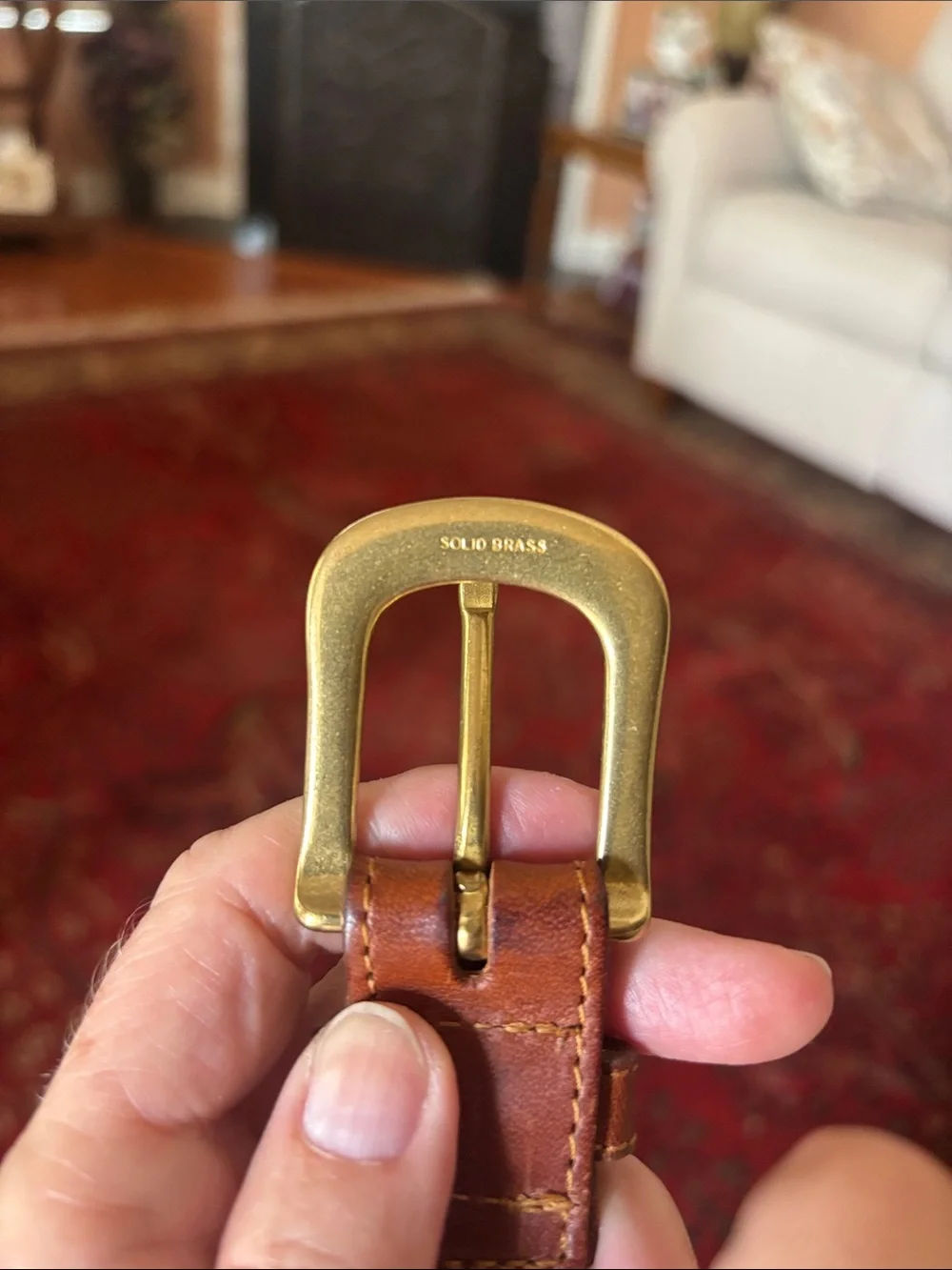 Eddie Bauer White Elastic Belt w/ Brown Leather Trim Solid Brass Buckle Boys Med